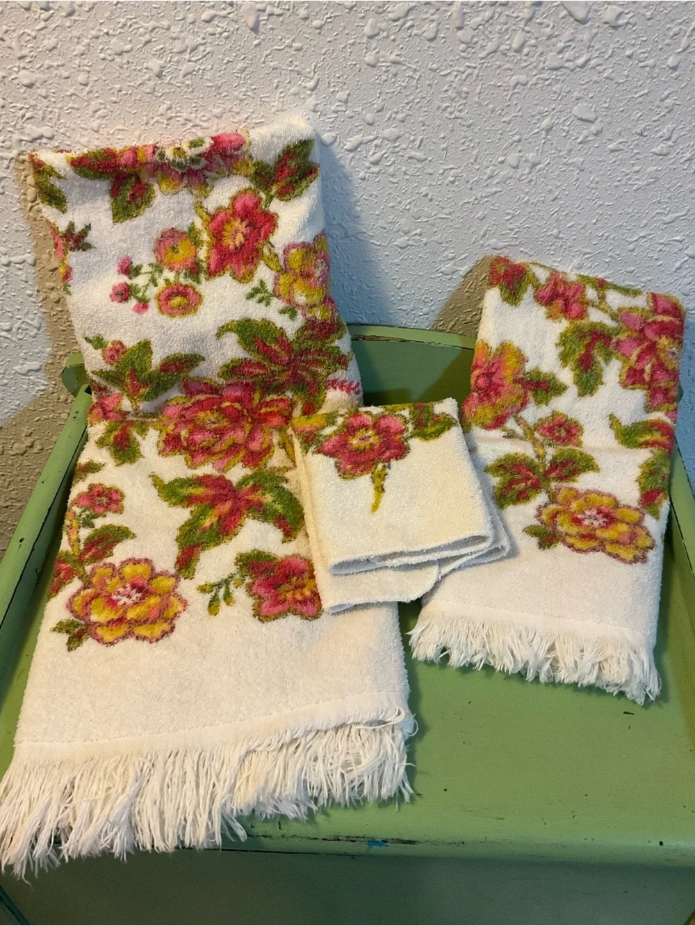 Vintage Cannon Style Pink & Green Floral Towels & Hand Towel